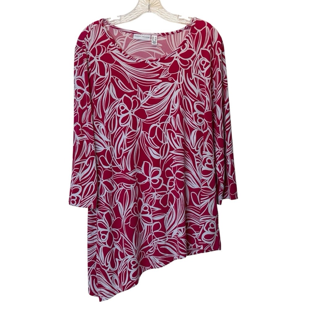 Susan Graver Liquid Knit Asymmetrical Floral Tunic‎ 3/4 Sleeve Womens Large